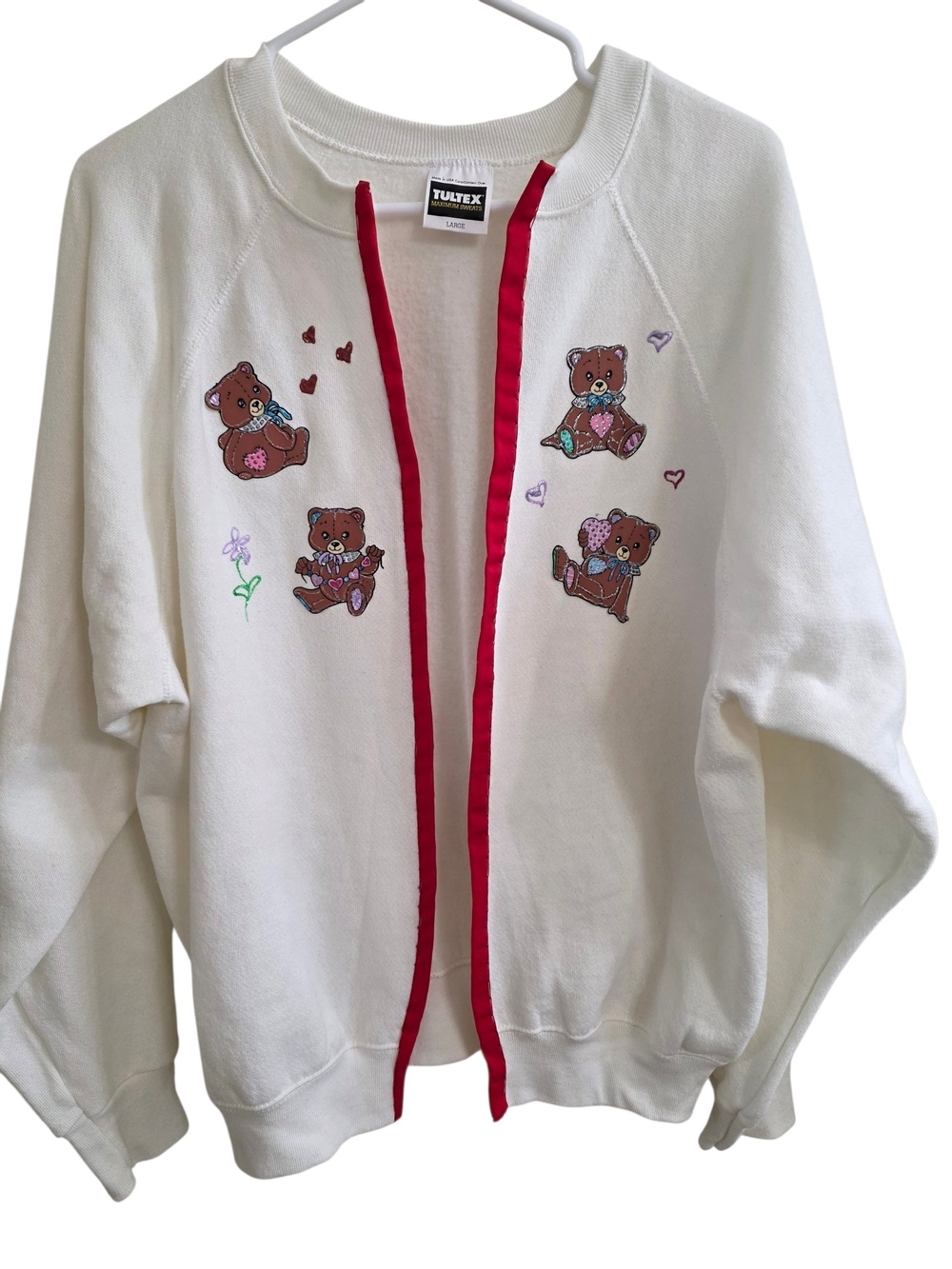 Vintage Tultex Teddy Bear Embroidered Cardigan in White & Red Large